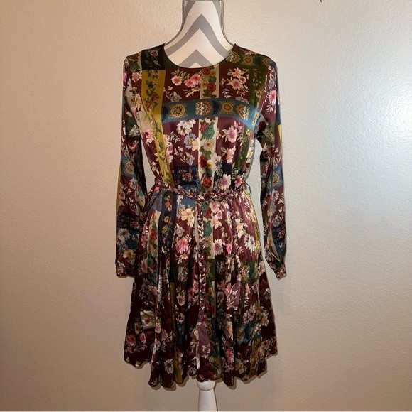 NWT Johnny Was Laurie Pippa Silk Patchwork Floral Burgundy Braid Belt Mini Dress - Picture 16 of 16